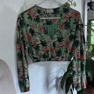 Anthropologie Mint Green Floral Cropped Wrap Blouse